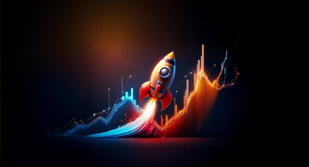 Poster - A vibrant rocket launches upwards against a dark background, leaving trails of colorful light that resemble rising graphs, symbolizing business growth and success.