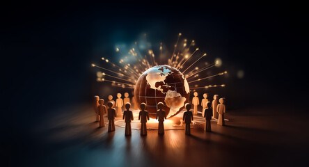 Poster - A group of figures encircles a glowing globe, symbolizing global connections and communication. Light beams from earth represent network expansion.