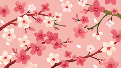 Fototapete - Pink cherry blossom vector illustration showcasing delicate flowers on branches against a light background