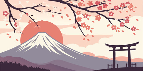 Aufkleber - Mount Fuji rises majestically against a pastel sky, framed by a traditional torii gate in a tranquil landscape during twilight hours