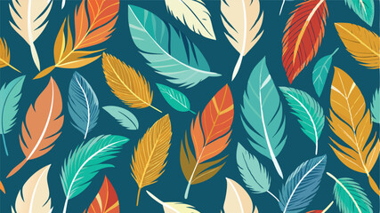 Poster - Colorful vector illustration of various leaves arranged in a seamless pattern on a rich blue background showcasing autumn hues and lush greenery