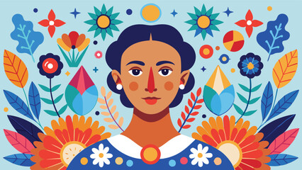 Poster - Colorful vector illustration of a woman surrounded by vibrant flowers and decorative elements in a cheerful and artistic style