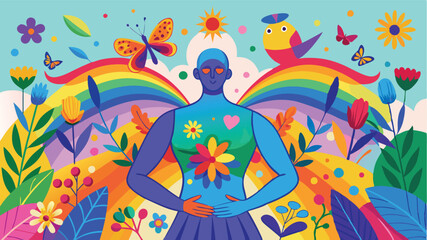 Aufkleber - Colorful vector illustration of a blue silhouette surrounded by vibrant flowers and butterflies, depicting harmony with nature and transformation in a bright, whimsical setting