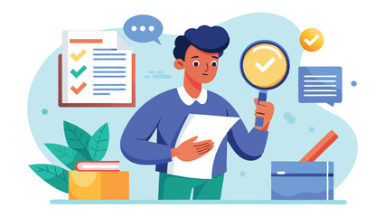 Poster - Illustration of a woman examining documents with a magnifying glass in a modern office setting surrounded by plants and organized materials