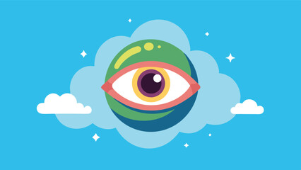Poster - Vector illustration of a globe featuring a large eye surrounded by clouds on a bright blue background