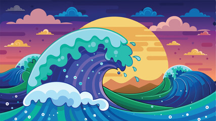 Poster - Colorful ocean waves under a vibrant sunset with mountains in the background create a calm, serene atmosphere at the edge of the sea