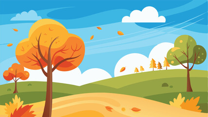 Aufkleber - Vibrant autumn landscape with trees and rolling hills in a colorful vector illustration featuring bright foliage and a clear blue sky
