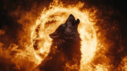 a wolf howling in front of a brilliant fiery celestial orb