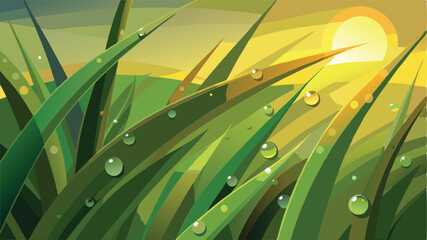 Aufkleber - Morning dew glistens on vibrant grass as the sun rises over the hills in a tranquil landscape illustration