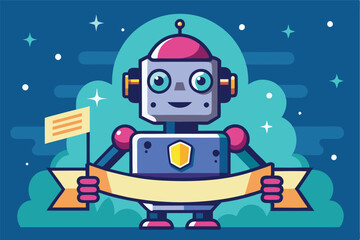 Poster - Cheerful robot holding a banner in a colorful vector illustration featuring a starry night background