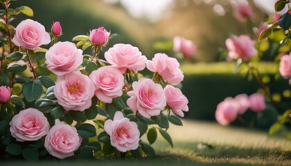 Wall Mural - pink bulgarian rose bush blooming in summer garden- 81030