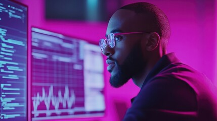 Focused Male Programmer Working in a Modern Tech Environment