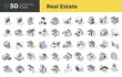 © Rassco - Isometric real estate linear icon set featuring houses, apartments, rent, loan, sale, mortgage, investment, construction, smart homes, relocation, office spaces, interior. For web and business use