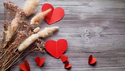 Wall Mural - scralet red paper hearts and dried flowers on gray wooden background- 97671