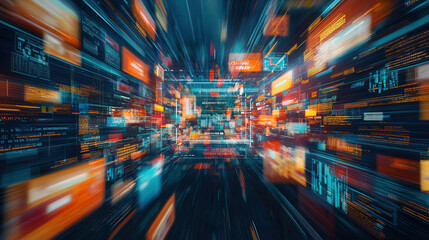 dynamic digital artwork showcasing futuristic data network with vibrant colors and motion effects
