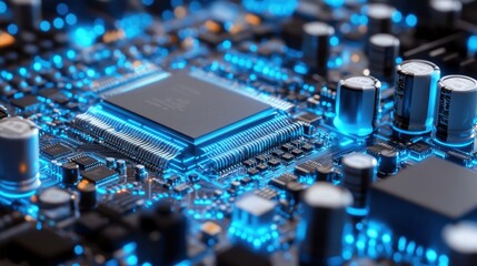 Bitcoin coin placed on a computer motherboard with circuitry glowing in blue.