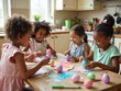 © Leonardo - Niños con ropa de color pastel decorando huevos de Pascua en una mesa de cocina luminosa y alegre