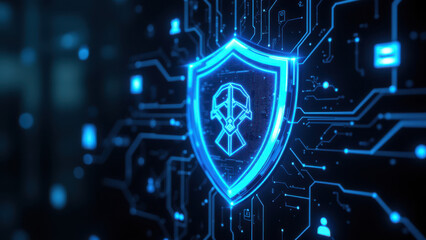 Wall Mural - A vibrant digital shield with a futuristic design set against an intricate blue circuit board background, symbolizing cybersecurity and protection for technology systems like Kubernetes.