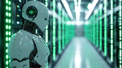 Wall Mural - futuristic humanoid robot standing in a data center with green lights, showcasing advanced technolog