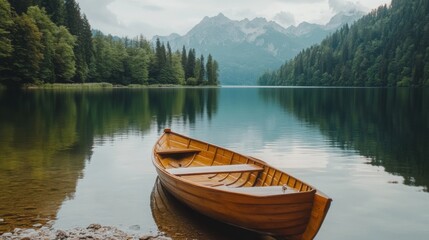 Naklejka na meble Serene wooden rowboat on calm lake, mountains background.