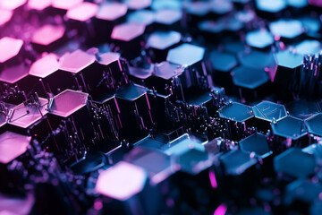 A glitch-inspired 3D background where hexagonal patterns distort and disassemble, revealing fragmented digital code beneath. The chaotic yet structured appearance enhances the concept of broken data