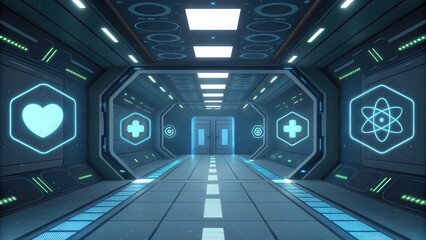 Poster - Futuristic hallway with glowing symbols and high-tech ambiance, suggesting advanced technology and innovation.