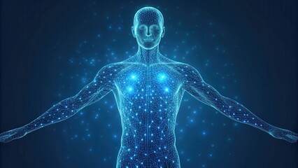 Fototapete - A digital representation of a human figure with glowing elements symbolizing energy and vitality.