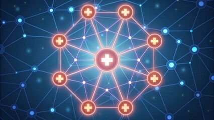 Fototapete - Digital illustration of interconnected nodes featuring medical symbols and a blue background.