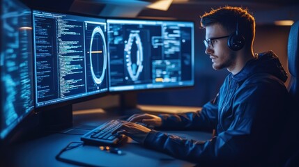 Focused software engineer coding with immersive technology in a digital workspace