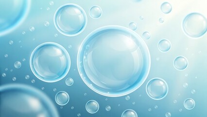 Poster - Translucent bubbles floating in a soft blue background create a serene, aquatic atmosphere.