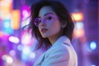 © Harsha - Stylish woman with purple glasses in a vibrant neon city at night.
