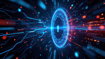 Futuristic digital cybersecurity concept with Kubernetes at its center, surrounded by abstract code lines and bright lights, representing protection against cyber threats.