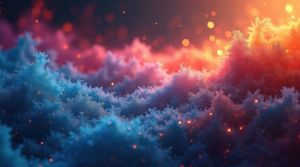 Wall Mural - dreamy, abstract landscape of frosted, tree-like shapes bathed in warm, glowing light against a dark