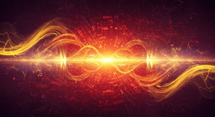Wall Mural - a vibrant, abstract digital art piece depicts a central burst of light emitting golden waves against