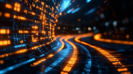 Abstract Digital Tunnel with Glowing Orange and Blue Lines