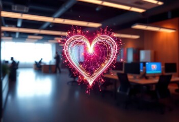 Wall Mural - abstract digital heart formed by glowing lines and sparkles, modern office background, data, texture