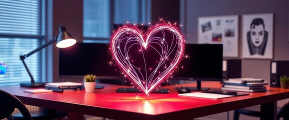 Wall Mural - abstract digital heart formed by glowing lines and sparkles on office desk, inspiration, business