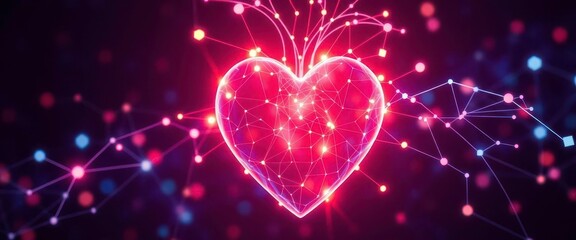 Wall Mural - abstract glowing heart with interconnected lines and nodes, radiating energy, design, vector