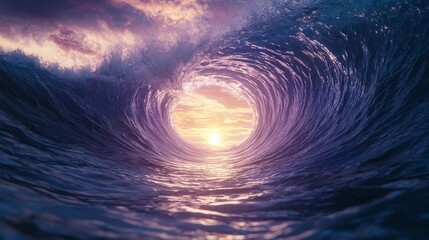 Wall Mural - storm swirl marine weather. a stunning view of a wave curling towards the horizon, illuminated by a 