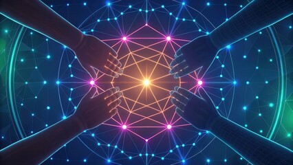 Fototapete - Futuristic hands connect through a geometric network, symbolizing collaboration and technology.