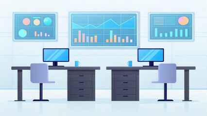 Poster - Modern office workspace featuring two desks with computers and data charts on the walls.