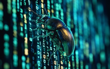 a bug crawling over binary code on a glowing screen, symbolizing software testing and debugging, hig