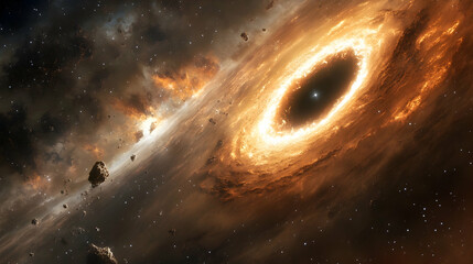 Wall Mural - simulated image of a black hole distorting spacetime with a bright accretion disk.