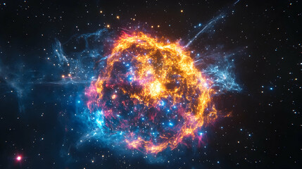 Wall Mural - a vibrant image of a supernova explosion with bright yellow and orange expanding gas clouds and blue