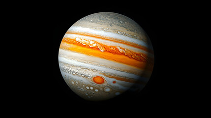 Wall Mural - full view of jupiter with its characteristic bands, the great red spot, and a dark shadow cast by a 