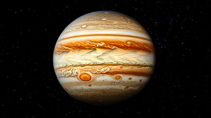 a gas giant, likely jupiter, with distinct bands of color and a swirling storm system.
