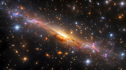 Wall Mural - a spiral galaxy viewed edge-on, with a bright central bulge, dark dust lanes, and orbiting stars.