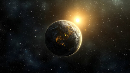 Wall Mural - a dramatic earth view with the sun shining behind it, partially illuminating the surface.
