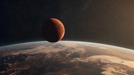 Wall Mural - a reddish moon, possibly mars’ moon phobos or an artistic interpretation of a lunar eclipse, seen fr