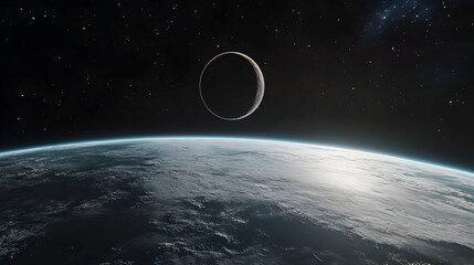 Wall Mural - a stunning space scene showing a thinly illuminated moon with earth's atmosphere visible below, poss